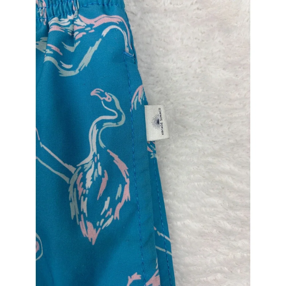 Vintage Summer Mens Flamingo Print Swim Trunks Teal Blue Board Shorts Medium 28